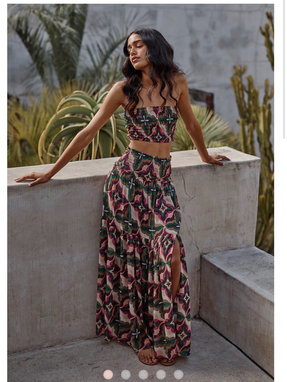 Misa Los Angeles Green & Pink Floral Geometric Maxi Skirt & bandeau top